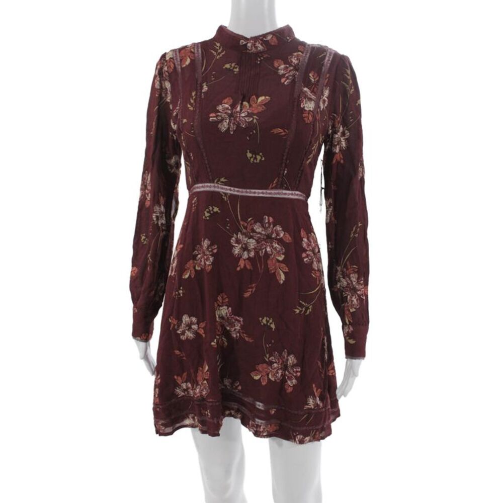 Aster Women Fit & Flare Dress Red Viscose High Neck Long Sleeve Button Size S